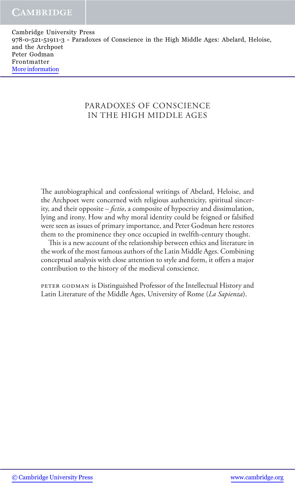 Paradoxes of Conscience in the High Middle Ages: Abelard, Heloise, and the Archpoet Peter Godman Frontmatter More Information