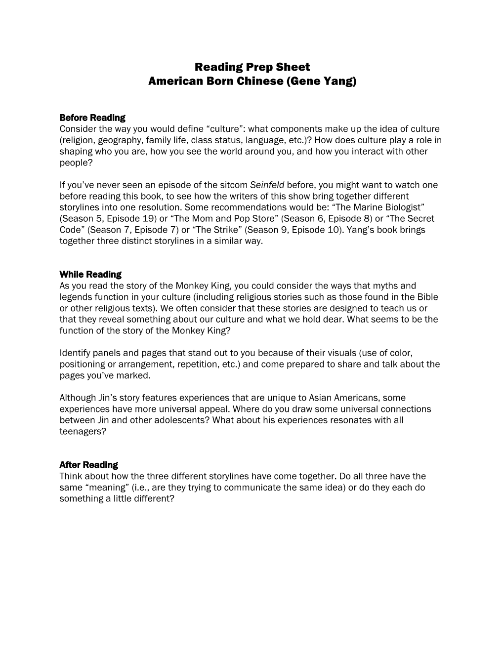 Reading Prep Sheet American Born Chinese (Gene Yang)