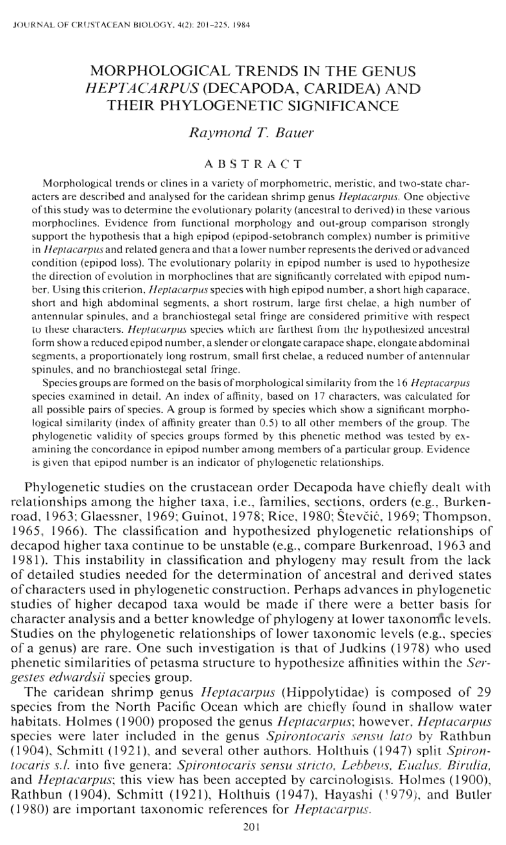 MORPHOLOGICAL TRENDS in the GENUS HEPTACARPUS (DEC A?Odt\, CARIDEA) and THEIR PHYLOGENETIC SIGNIFICANCE