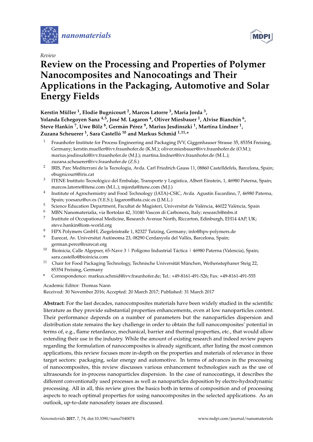 Review on the Processing and Properties of Polymer Nanocomposites and Nanocoatings and Their Applications in the Packaging, Automotive and Solar Energy Fields