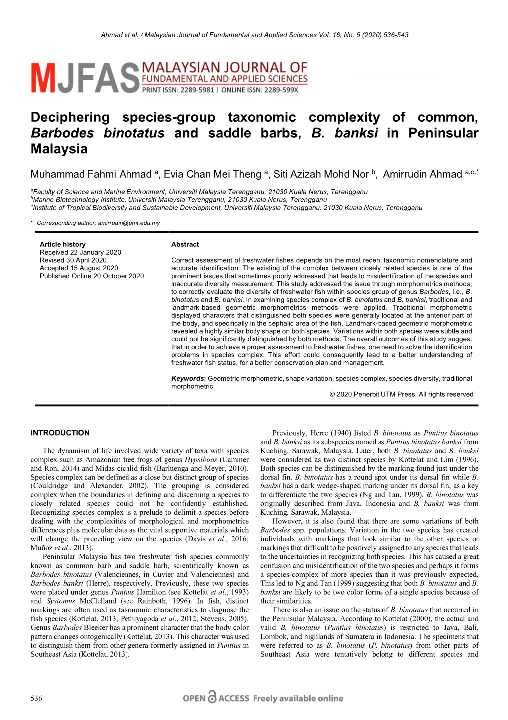 Deciphering Species-Group Taxonomic Complexity of Common, Barbodes Binotatus and Saddle Barbs, B. Banksi in Peninsular Malaysia