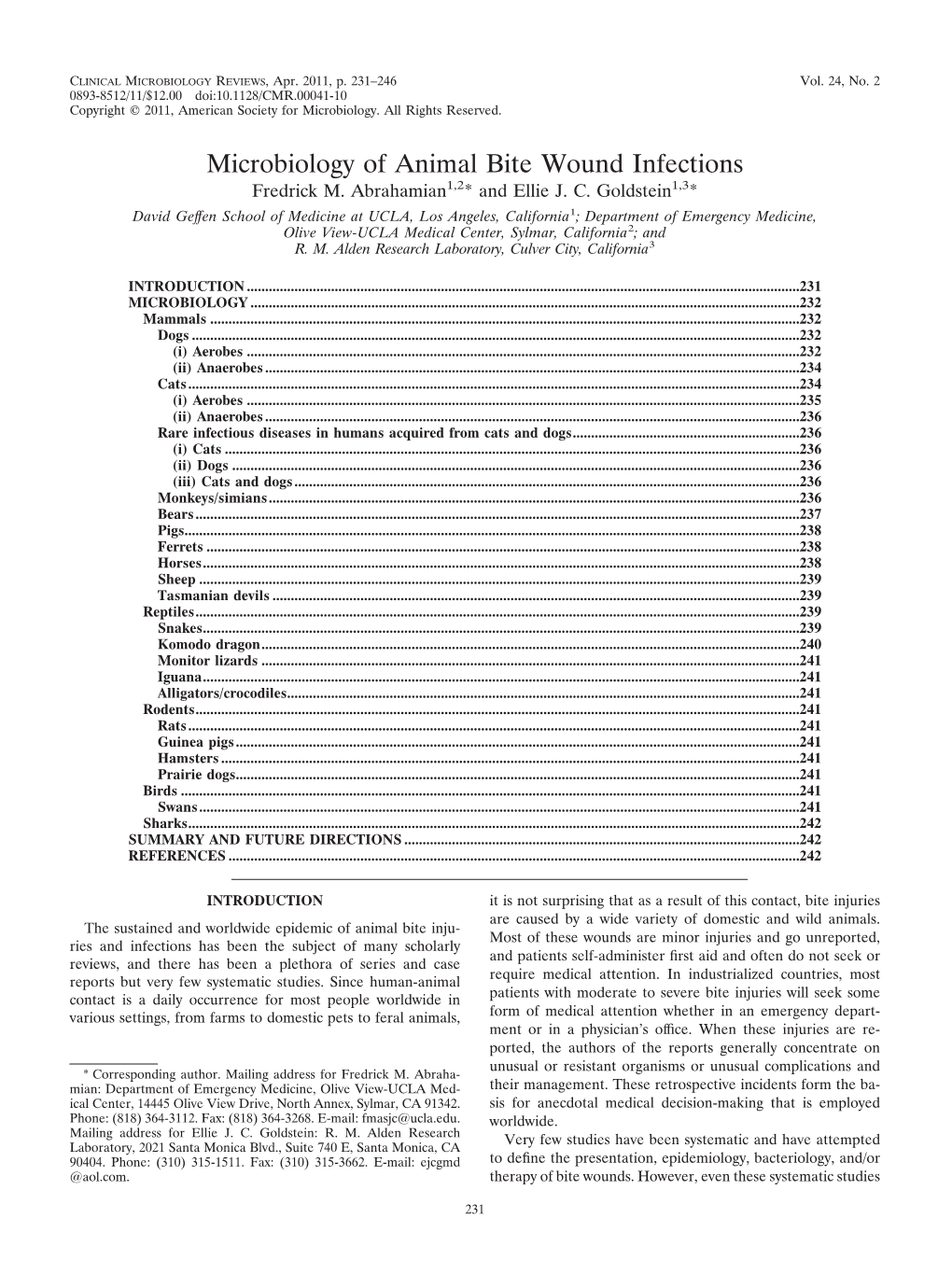 Microbiology of Animal Bite Wound Infections Fredrick M