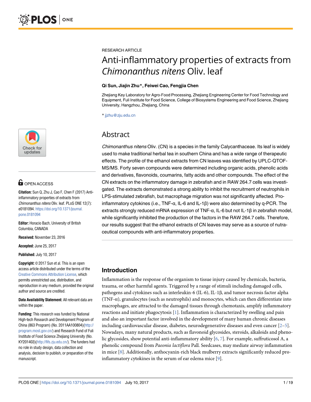Anti-Inflammatory Properties of Extracts from Chimonanthus Nitens Oliv. Leaf