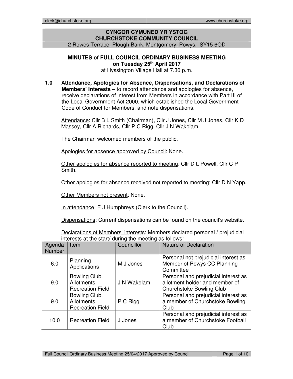 CYNGOR CYMUNED YR YSTOG CHURCHSTOKE COMMUNITY COUNCIL 2 Rowes Terrace, Plough Bank, Montgomery, Powys. SY15 6QD MINUTES of FULL