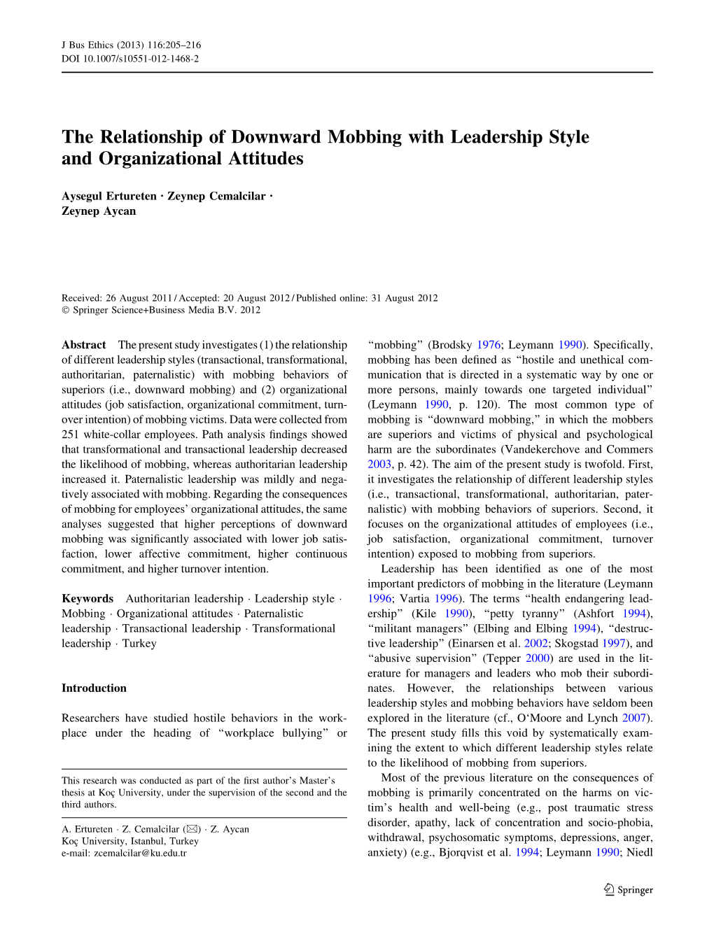The Relationship of Downward Mobbing with Leadership Style and Organizational Attitudes