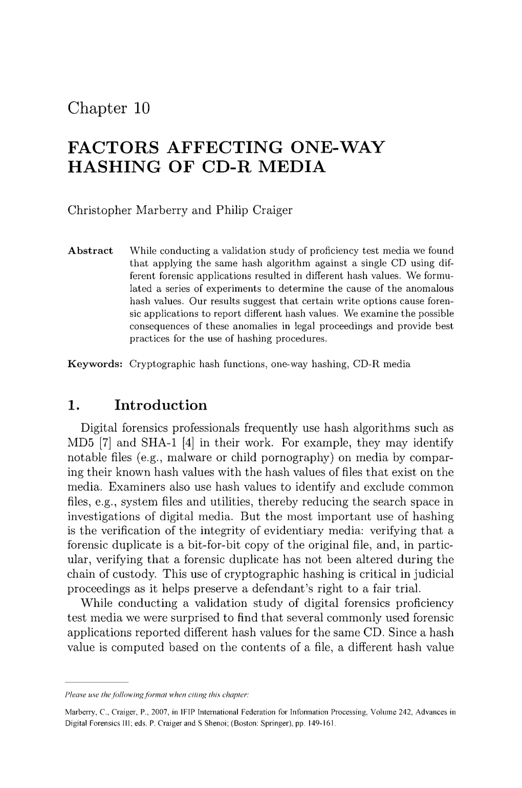 Chapter 10 FACTORS AFFECTING ONE-WAY HASHING of CD-R