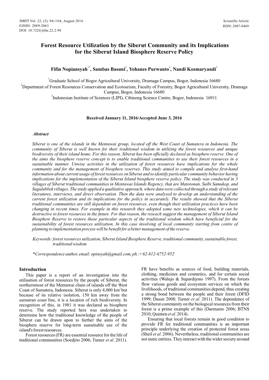 Forest Resource Utilization Siberut Community and Ts Implications By