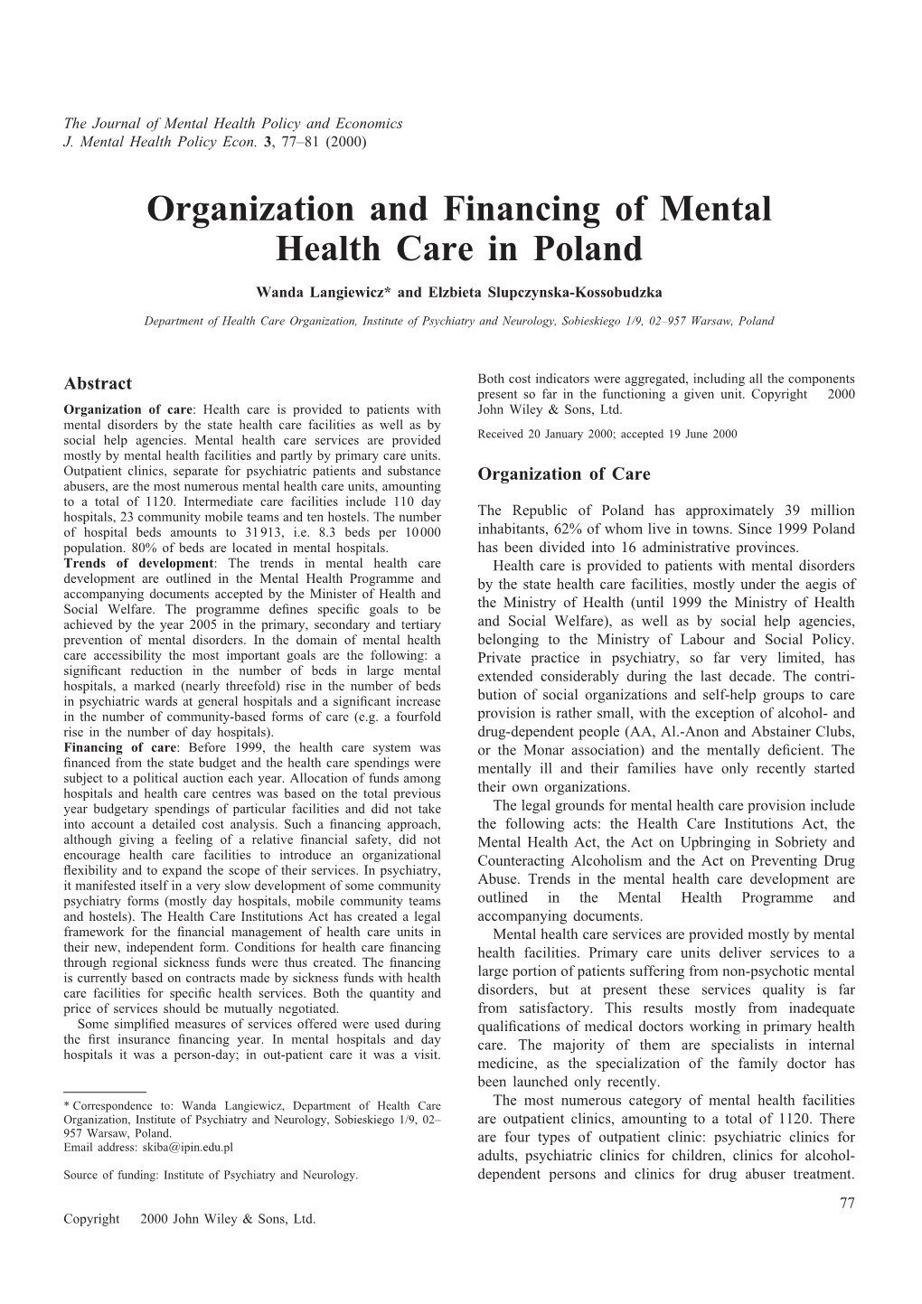 Organization and Financing of Mental Health Care in Poland