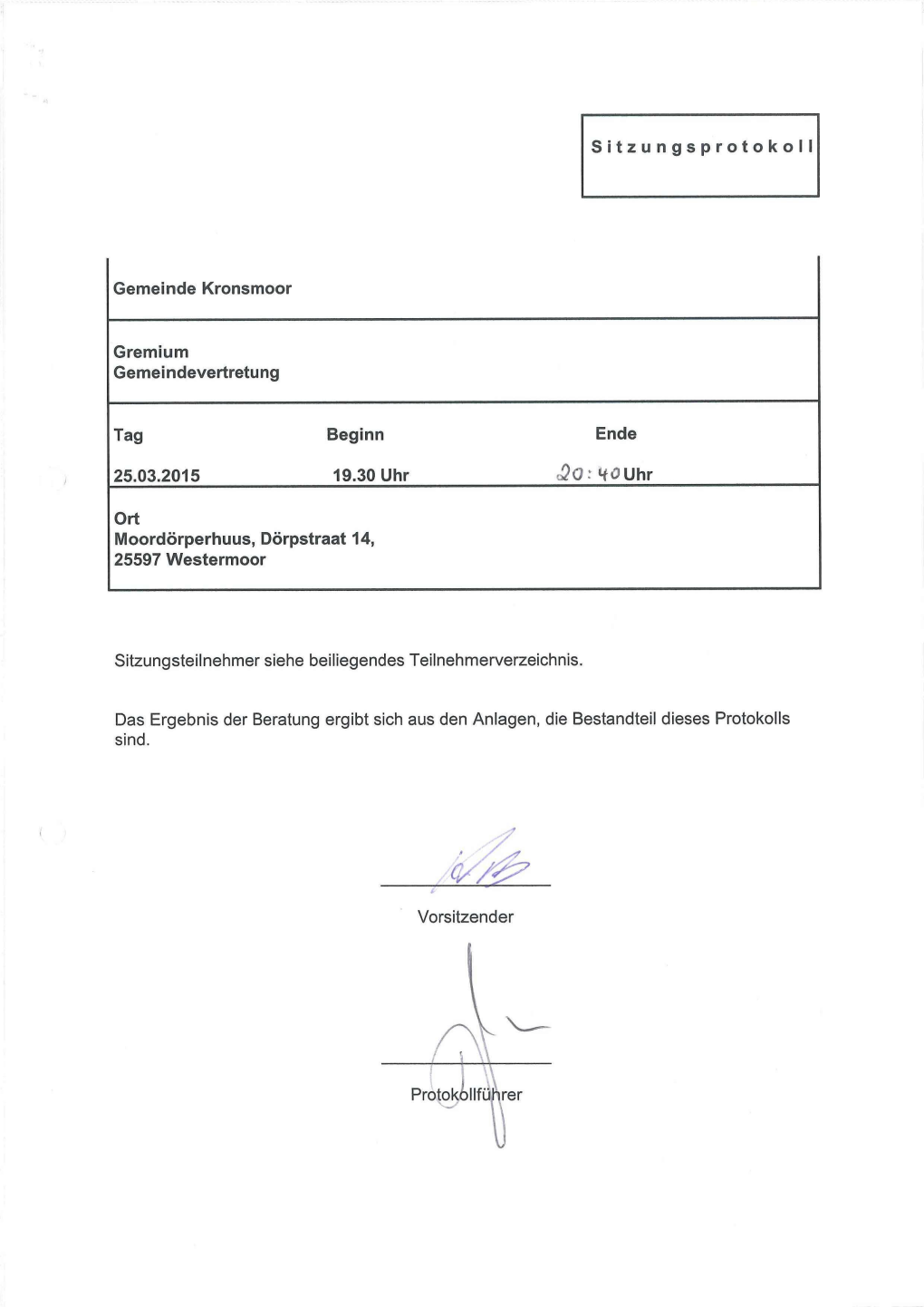 Sitzungsprotokoll Gemeinde Kronsmoor Gremium