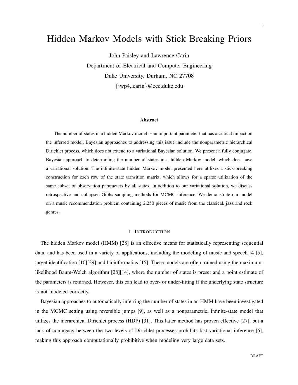 Hidden Markov Models with Stick Breaking Priors