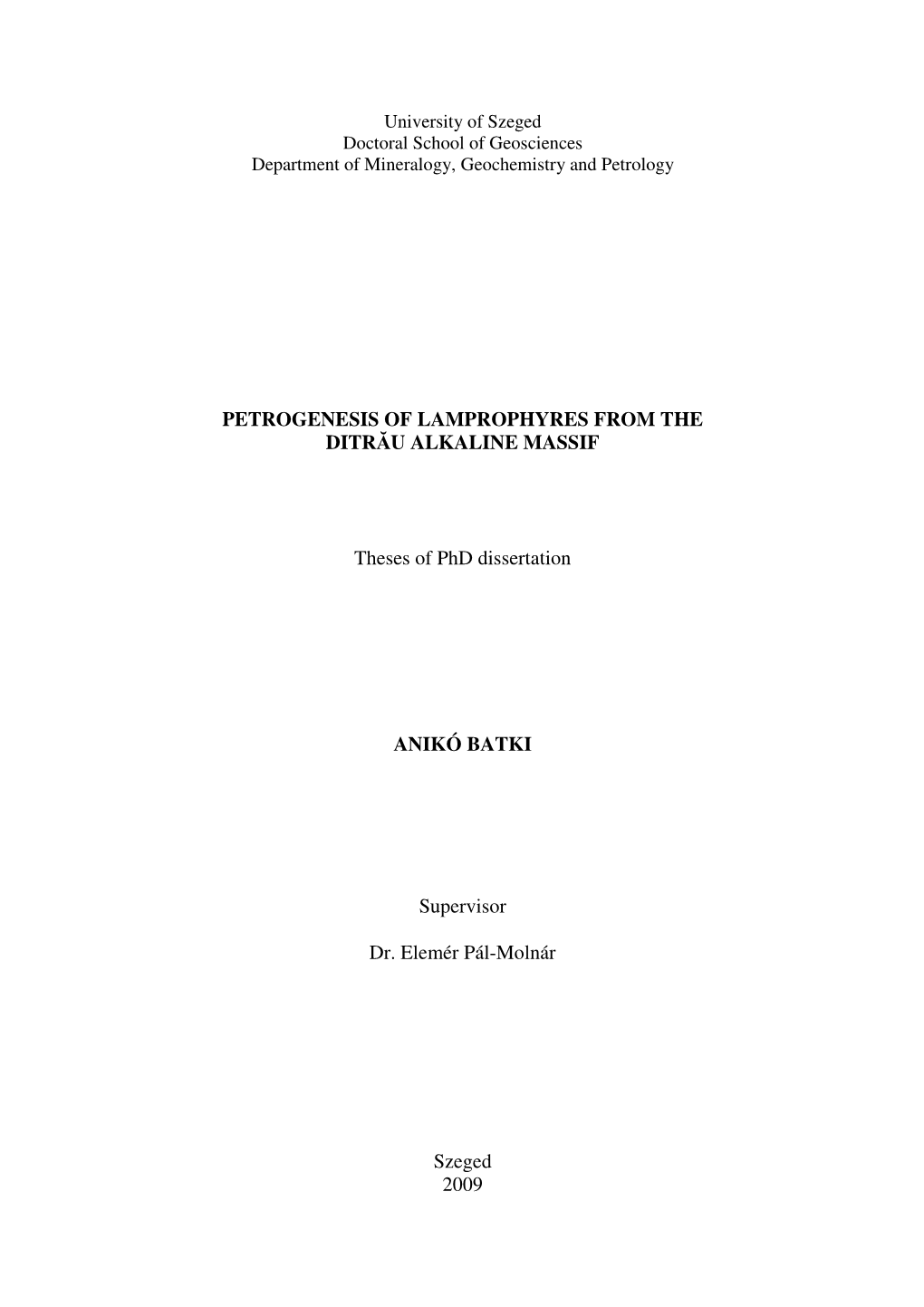 Batki Anikó Phd Theses 2009