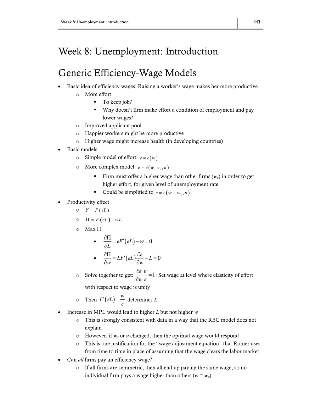 Week 8: Unemployment: Introduction Generic Efficiency-Wage Models