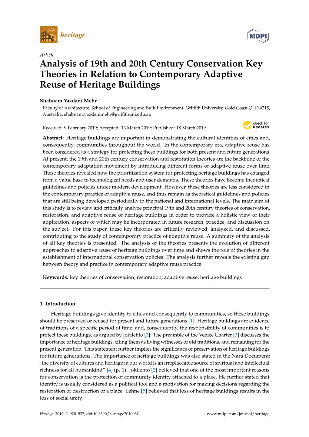 Analysis of 19Th and 20Th Century Conservation Key Theories in Relation to Contemporary Adaptive Reuse of Heritage Buildings