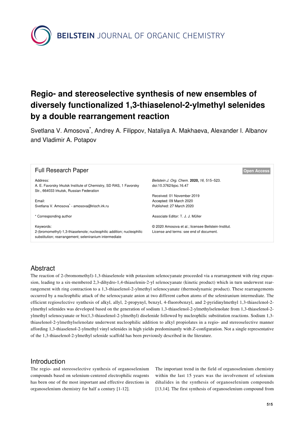 And Stereoselective Synthesis of New Ensembles of Diversely Functionalized 1,3-Thiaselenol-2-Ylmethyl Selenides by a Double Rearrangement Reaction