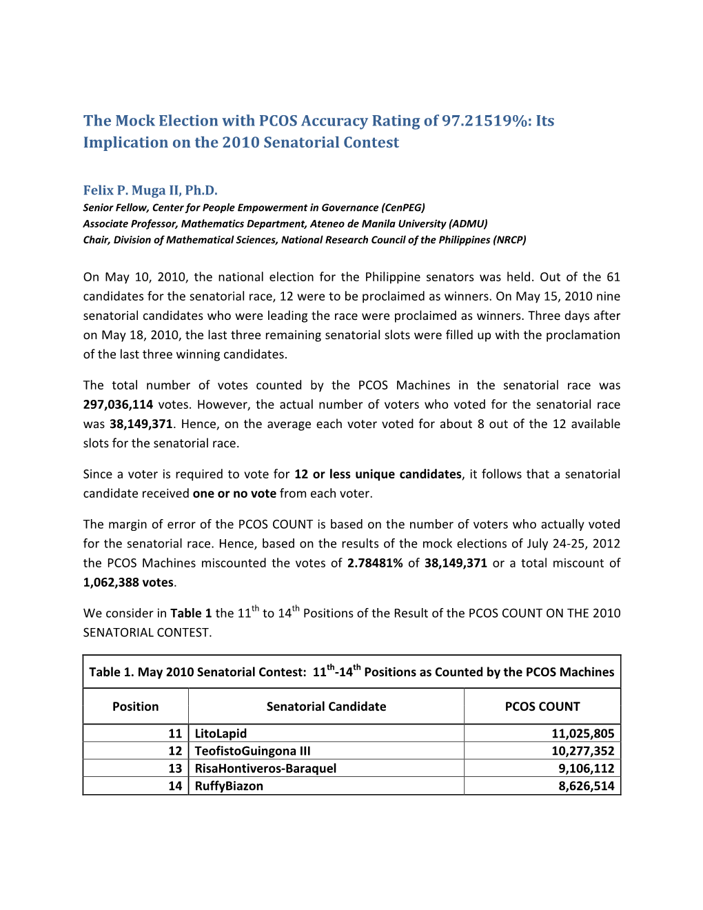 The Mock Election with PCOS Accuracy Rating of 97.21519%: Its Implication on the 2010 Senatorial Contest