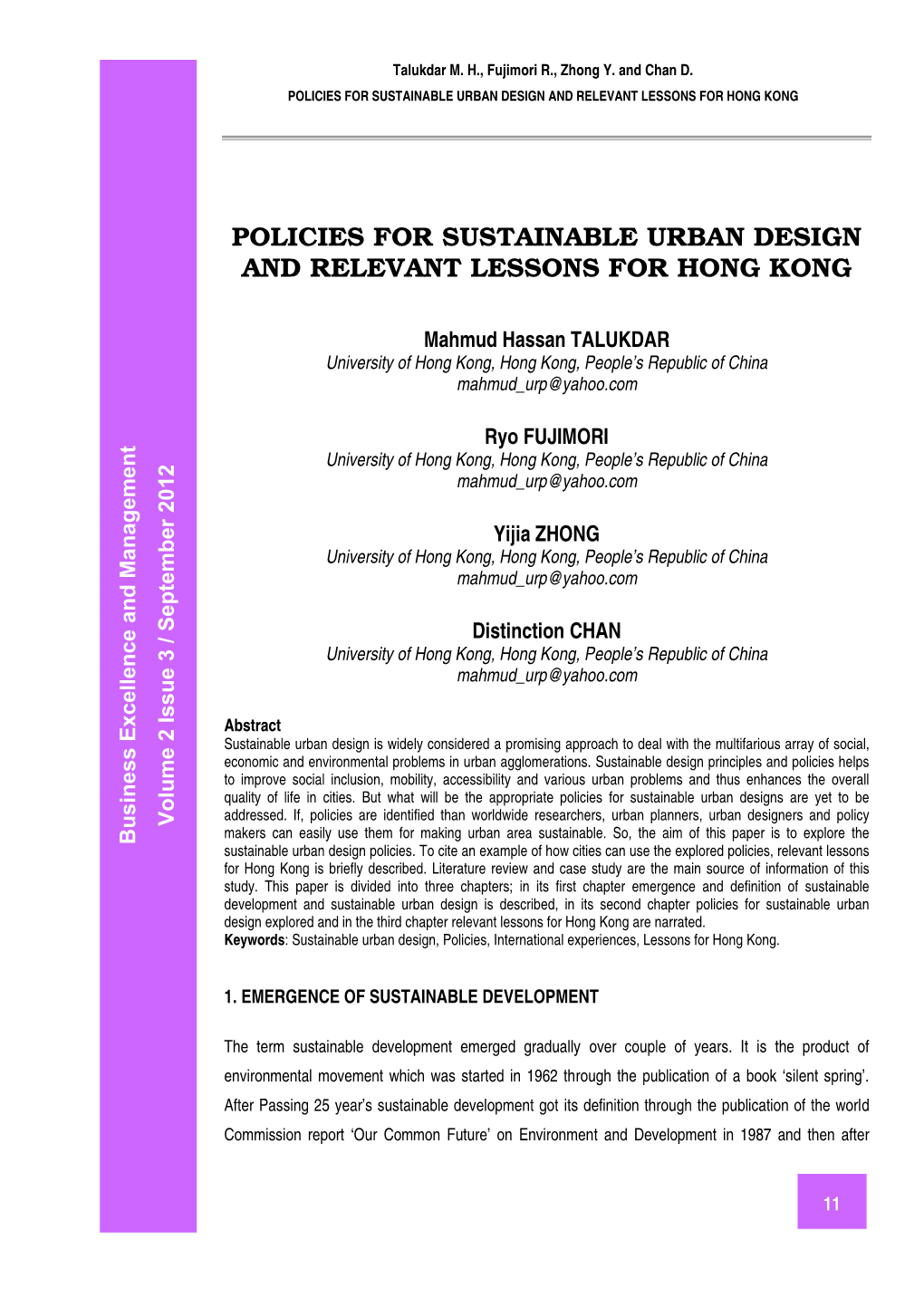 Policies for Sustainable Urban Design and Relevant Lessons for Hong Kong