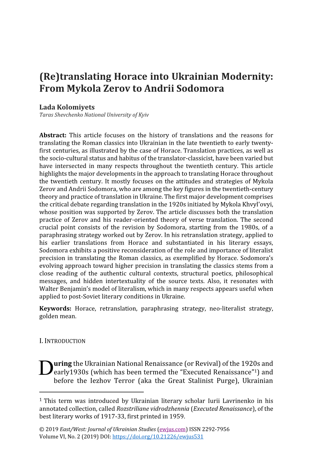 (Re)Translating Horace Into Ukrainian Modernity: from Mykola Zerov to Andrii Sodomora, EWJUS, Vol. 6, No. 2, 2019