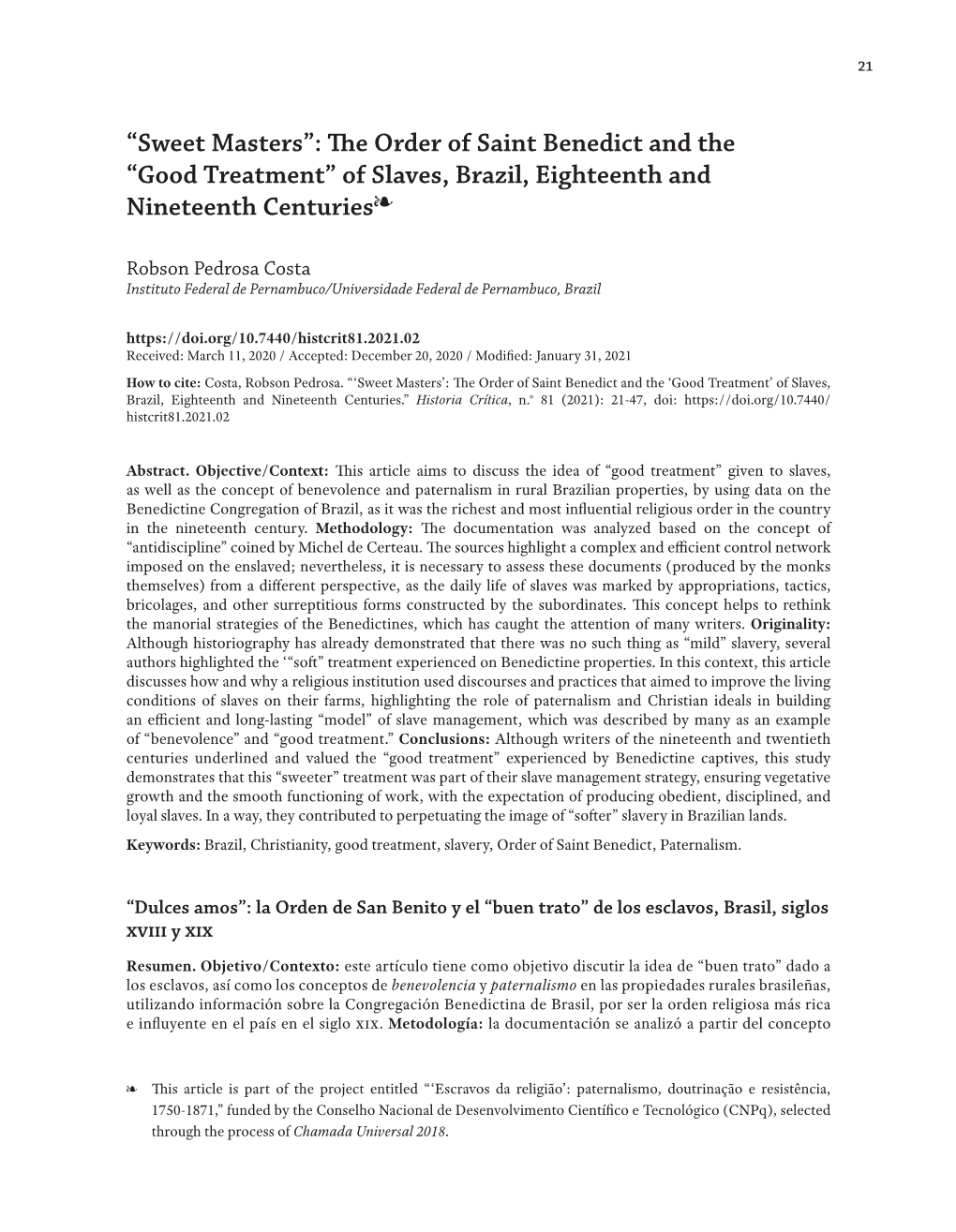 “Good Treatment” of Slaves , Brazil, Eighteenth and Nineteenth