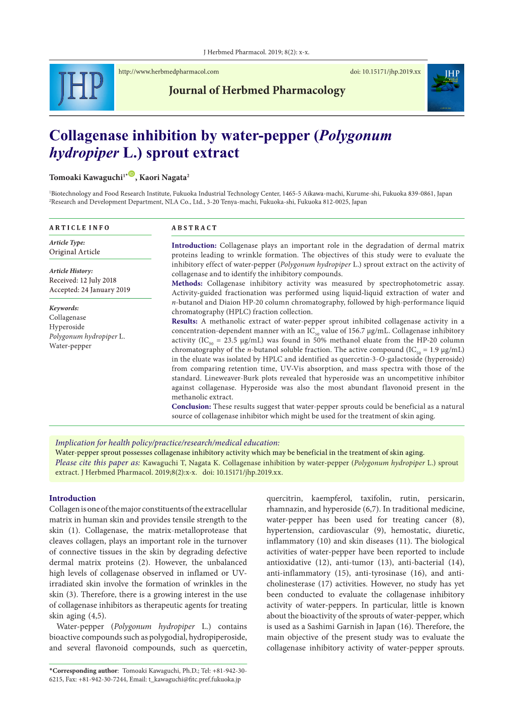 Collagenase Inhibition by Water-Pepper (Polygonum Hydropiper L.) Sprout Extract