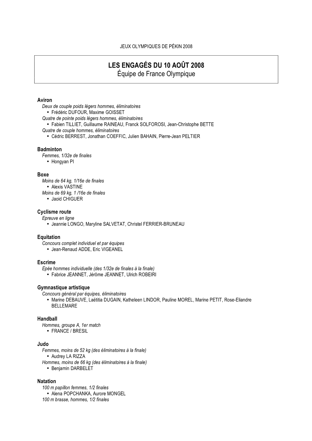 LES ENGAGÉS DU 10 AOÛT 2008 Équipe De France Olympique