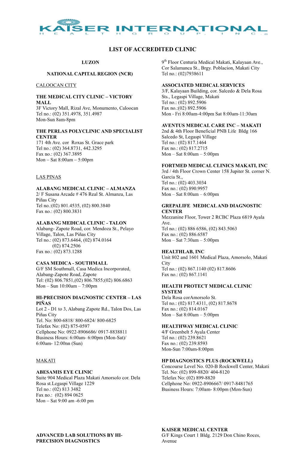 List of Accredited Clinic