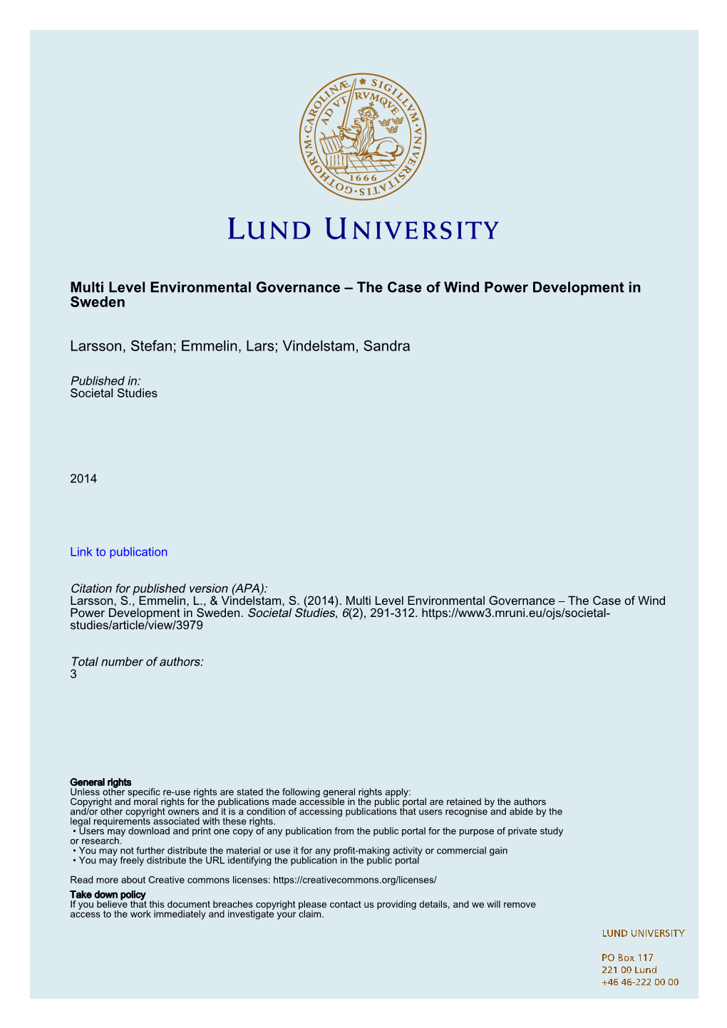 The Case of Wind Power Development in Sweden Larsson