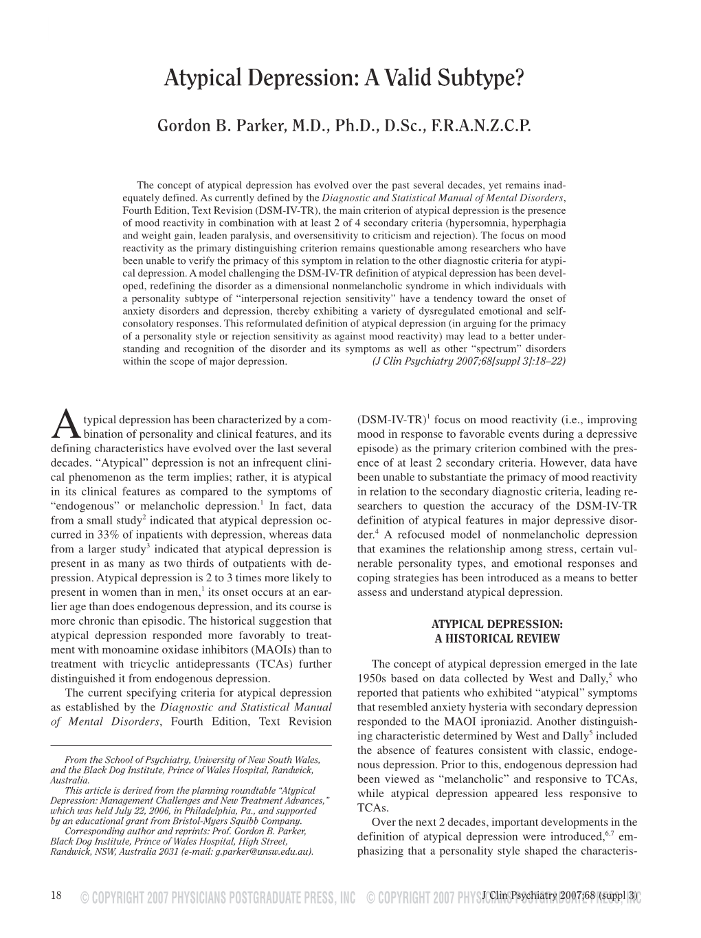 Atypical Depression: a Valid Subtype?