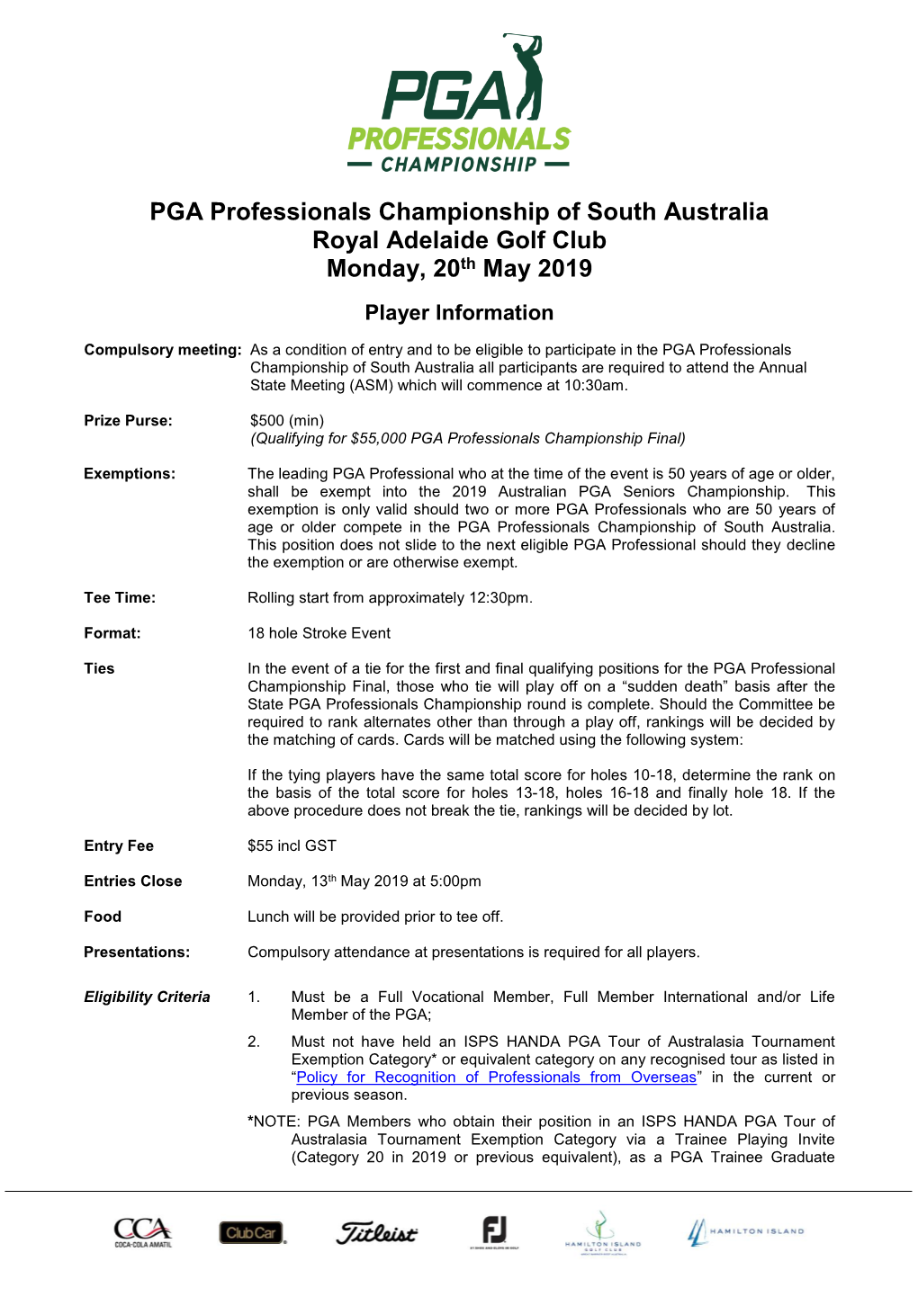 PGA Professionals Championship of South Australia Royal Adelaide Golf Club Monday, 20Th May 2019