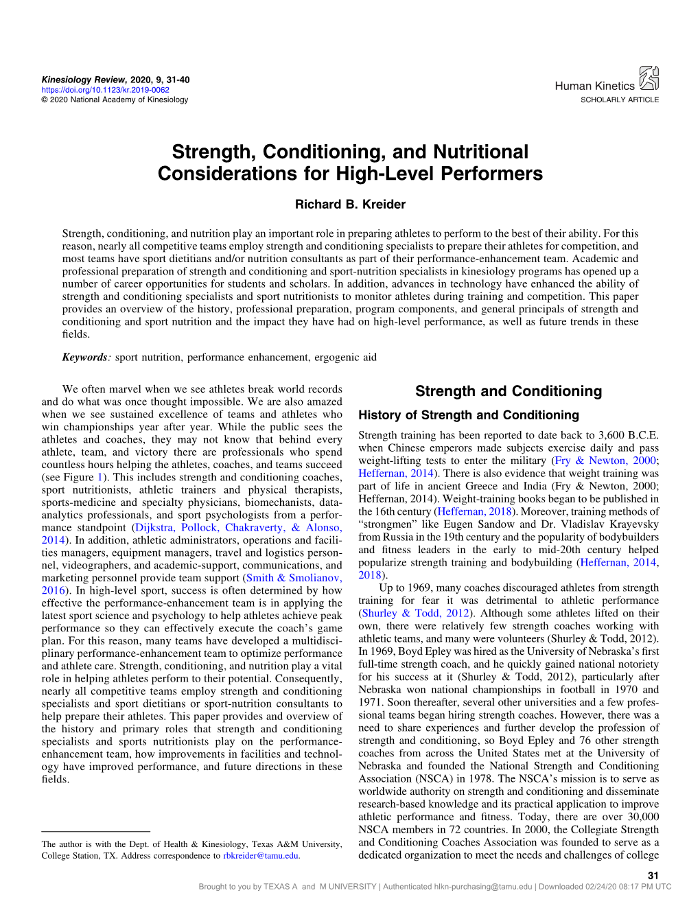 Strength, Conditioning, and Nutritional Considerations for High-Level Performers