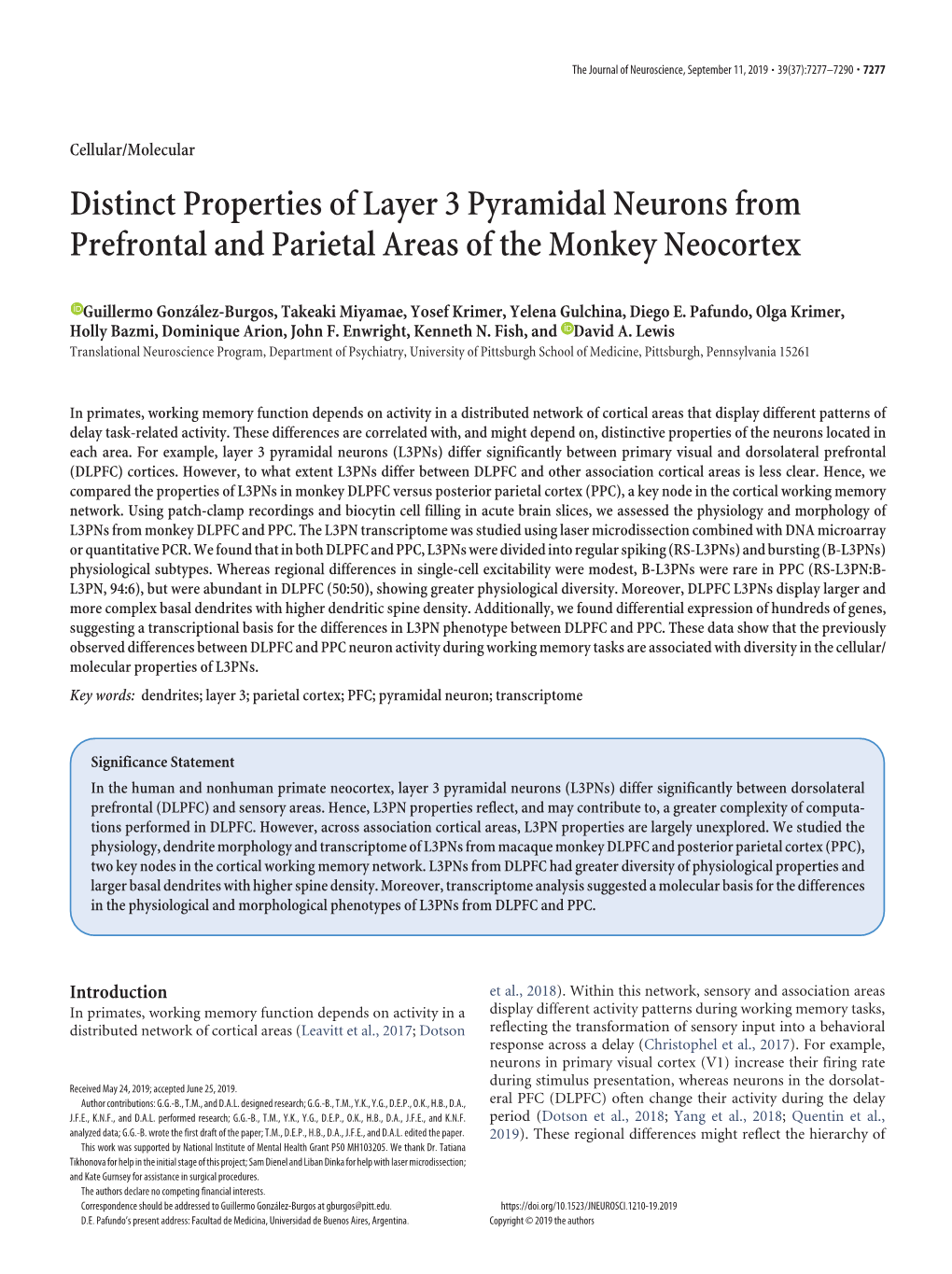 Distinct Properties of Layer 3 Pyramidal Neurons from Prefrontal and Parietal Areas of the Monkey Neocortex