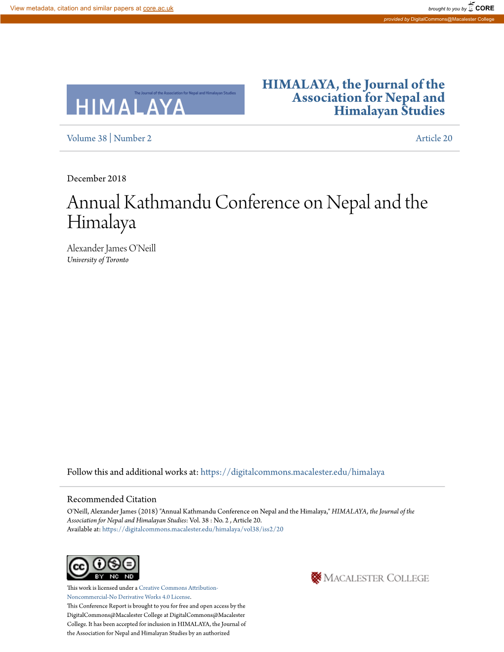 Annual Kathmandu Conference on Nepal and the Himalaya Alexander James O'neill University of Toronto