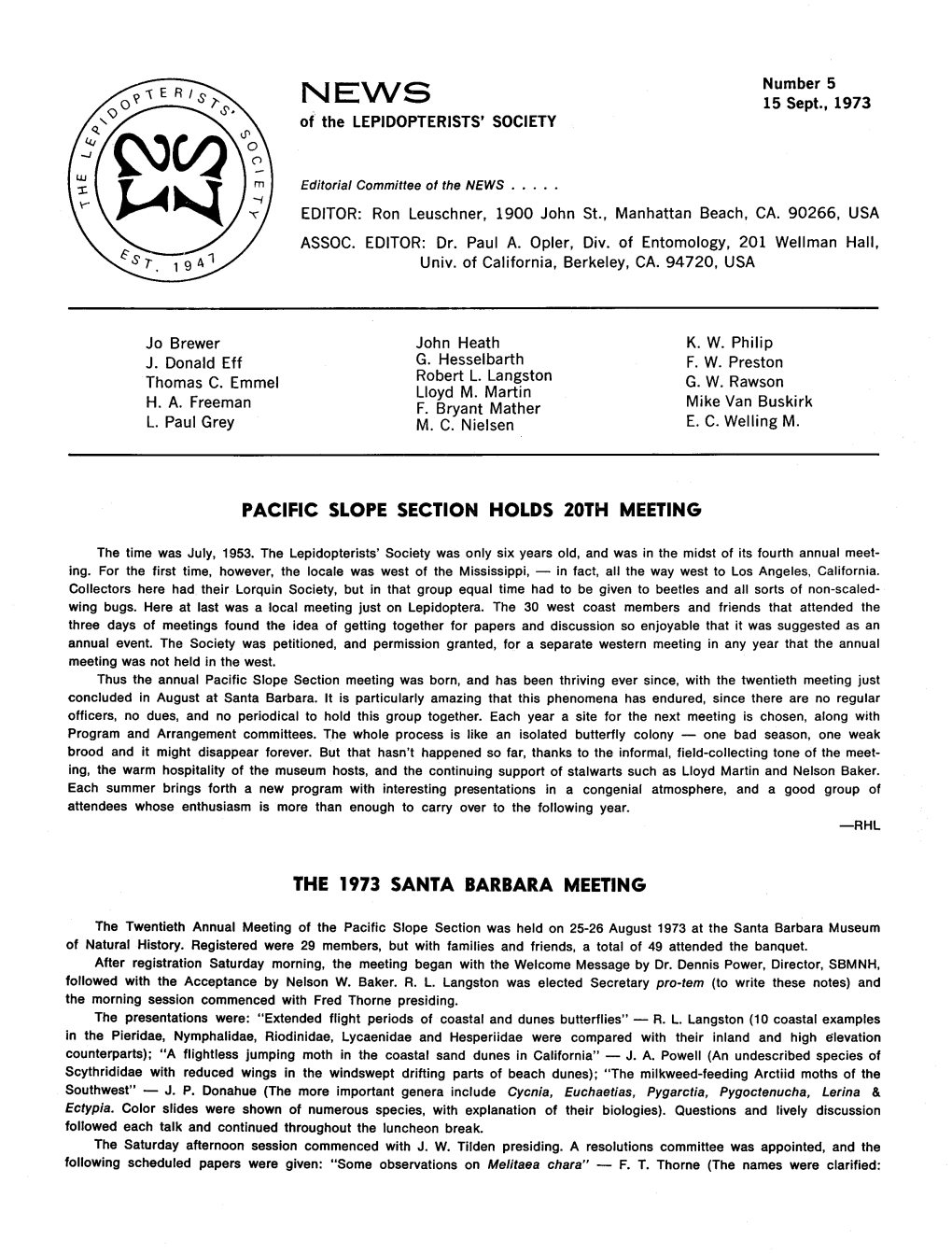 Pacific Slope Section Holds 20Th Meeting the 1973 Santa