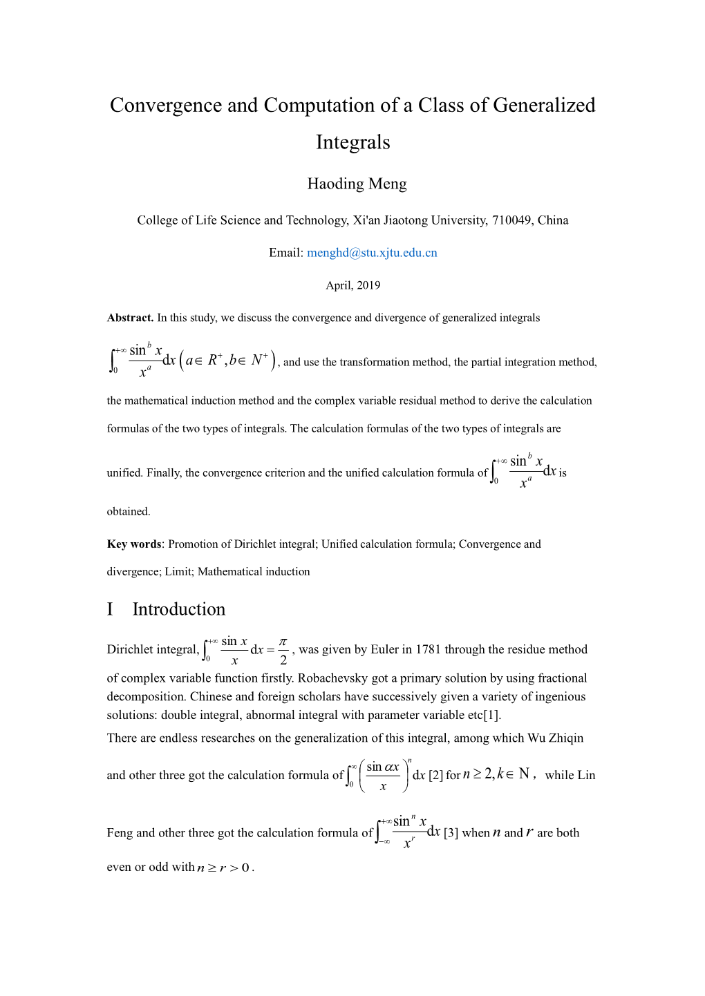 Convergence and Computation of a Class of Generalized Integrals