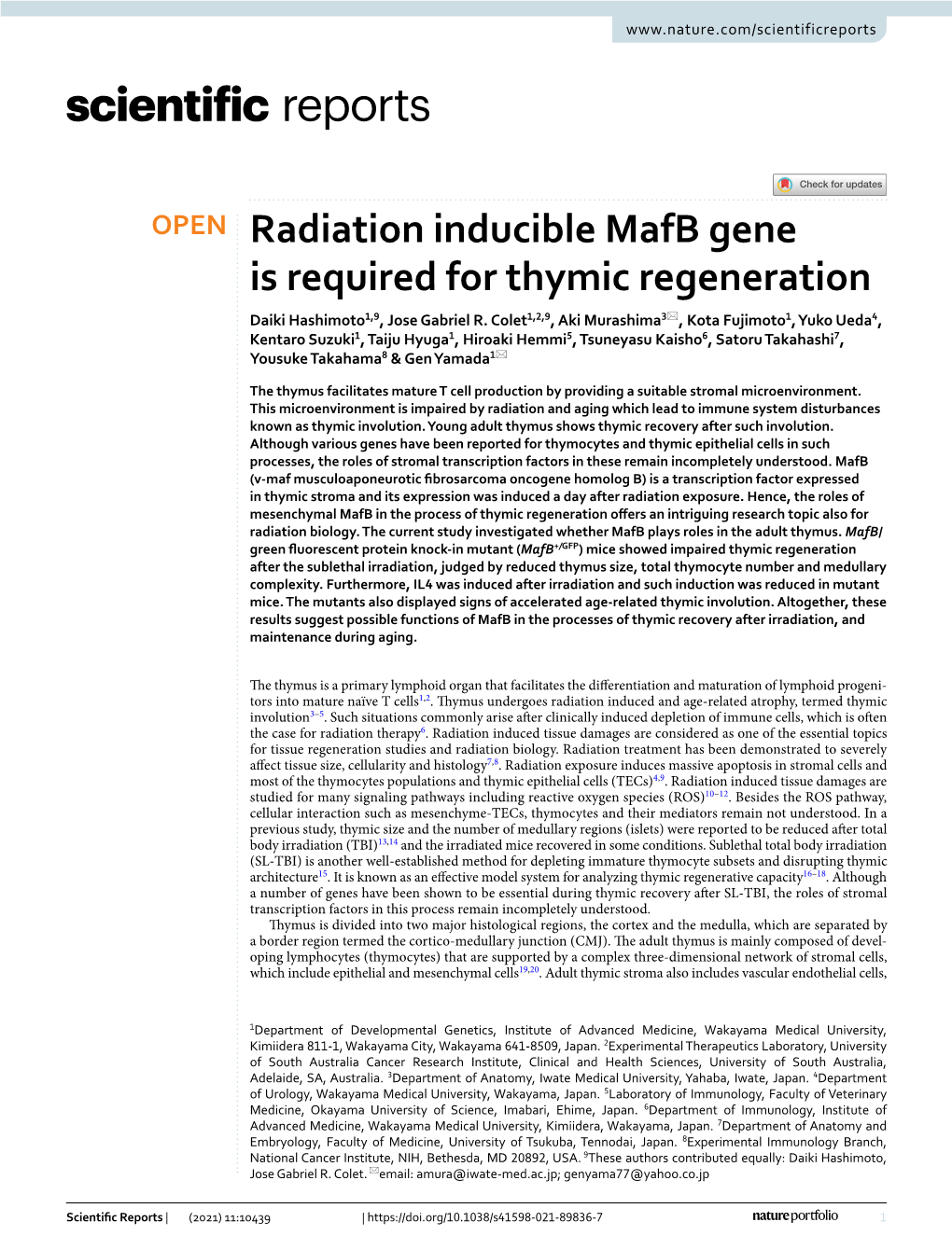 Radiation Inducible Mafb Gene Is Required for Thymic Regeneration Daiki Hashimoto1,9, Jose Gabriel R