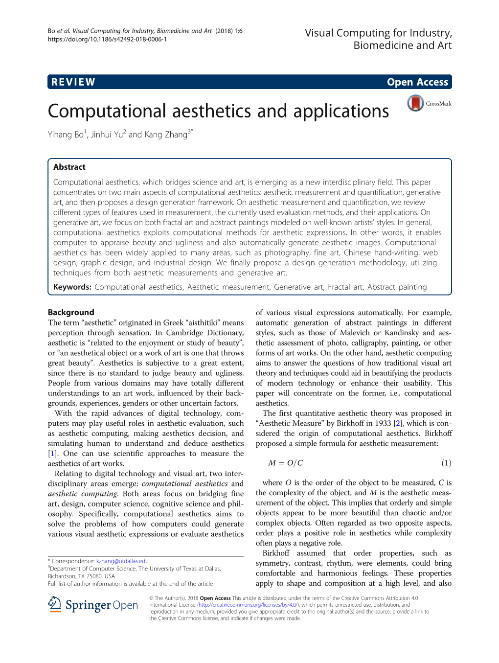 Computational Aesthetics and Applications Yihang Bo1, Jinhui Yu2 and Kang Zhang3*