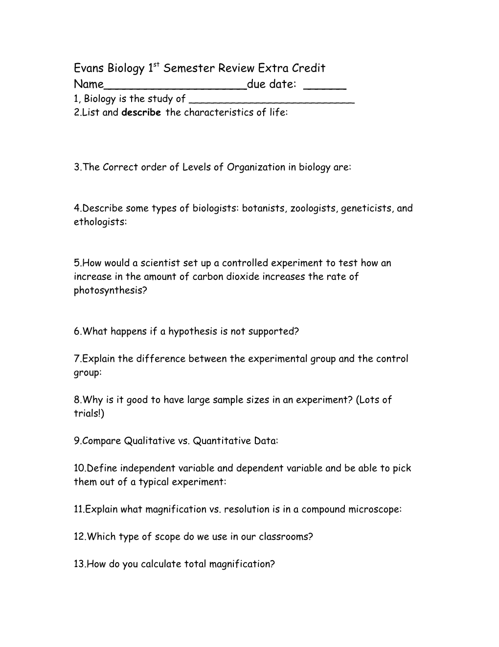 Evans Biology Midterm Exam Review Study Guide/2007