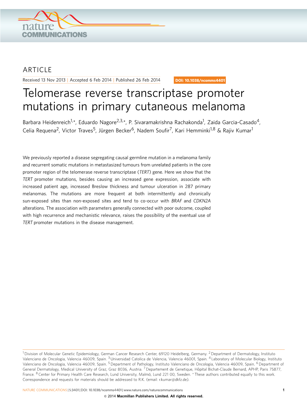 Telomerase Reverse Transcriptase Promoter Mutations in Primary Cutaneous Melanoma