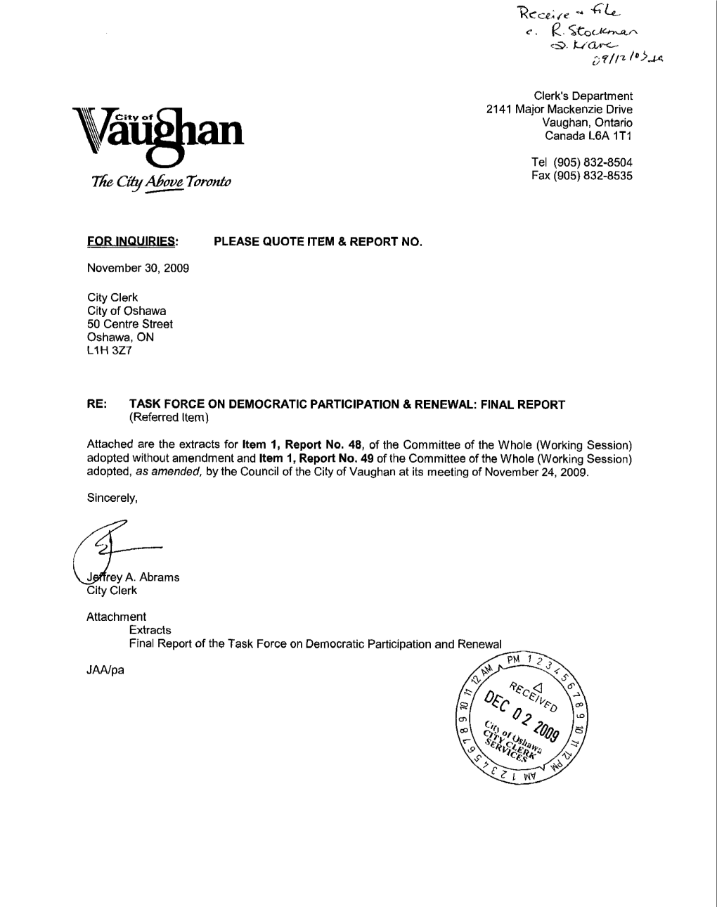 City of Vaughan at Its Meeting of November 24, 2009