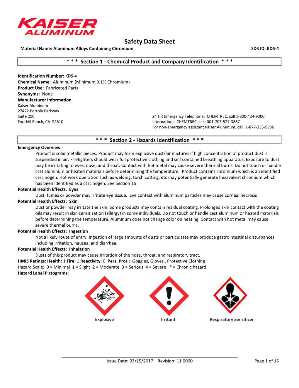 Aluminum Alloys Containing Chromium SDS ID: KDS-4