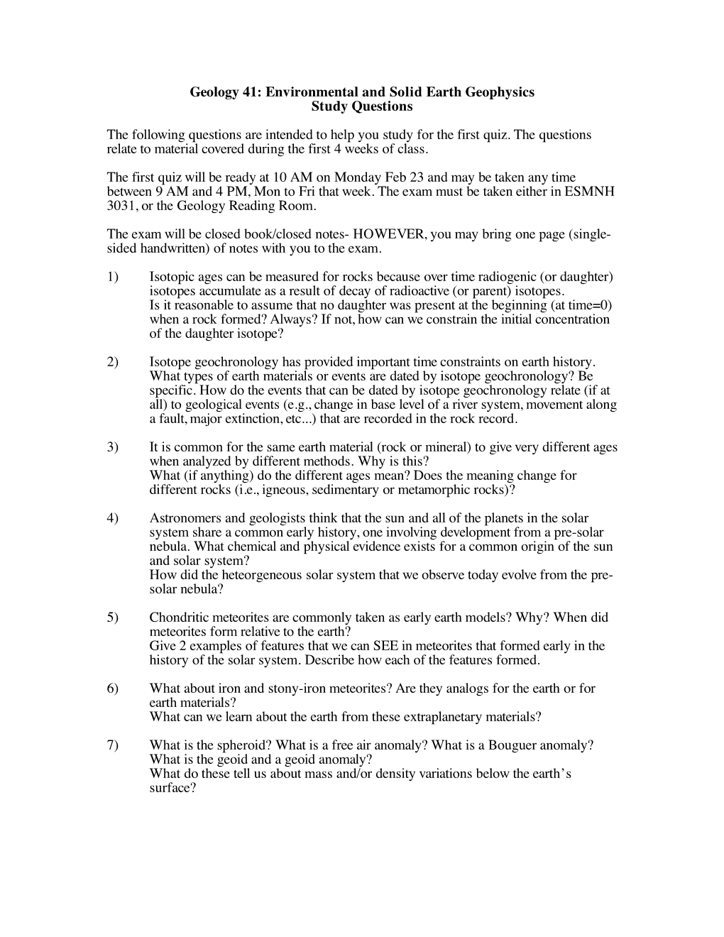 Geology 41: Environmental and Solid Earth Geophysics Study Questions