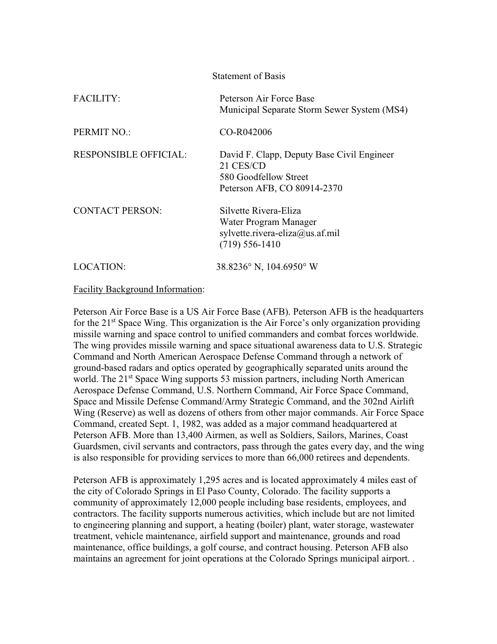 Peterson Air Force Base Municipal Separate Storm Sewer System (MS4)