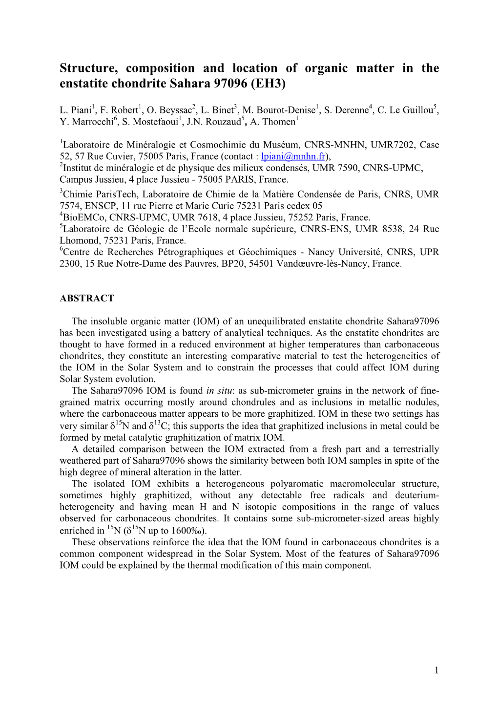 Structure, Composition and Location of the Organic Matter Found in the Enstatite Chondrite Sahara 97096