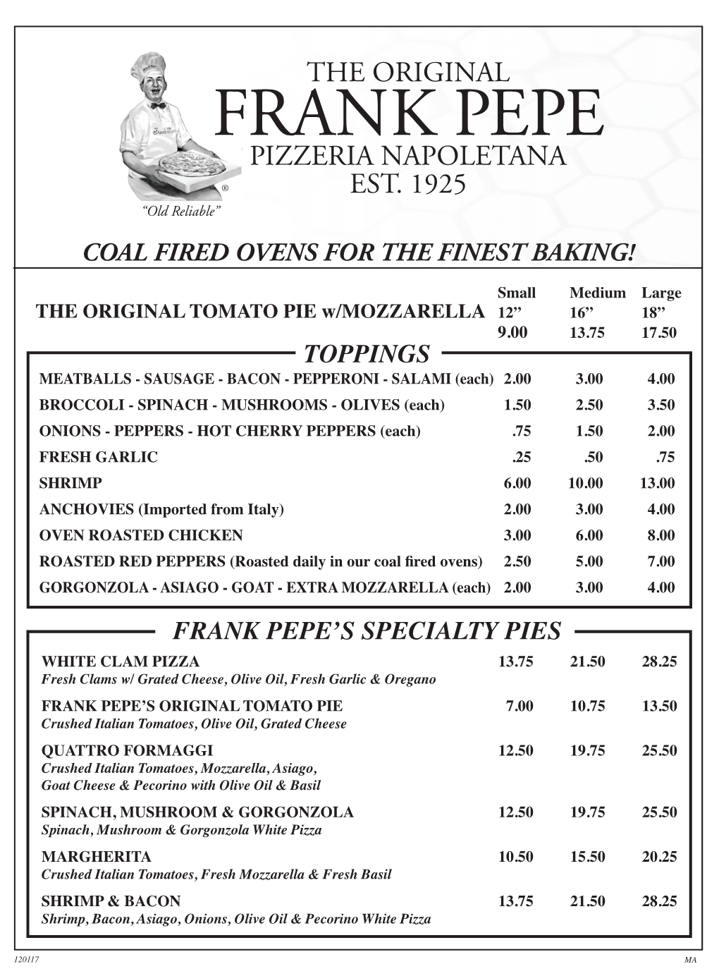 Frank Pepe's Specialty Pies Toppings Coal Fired Ovens