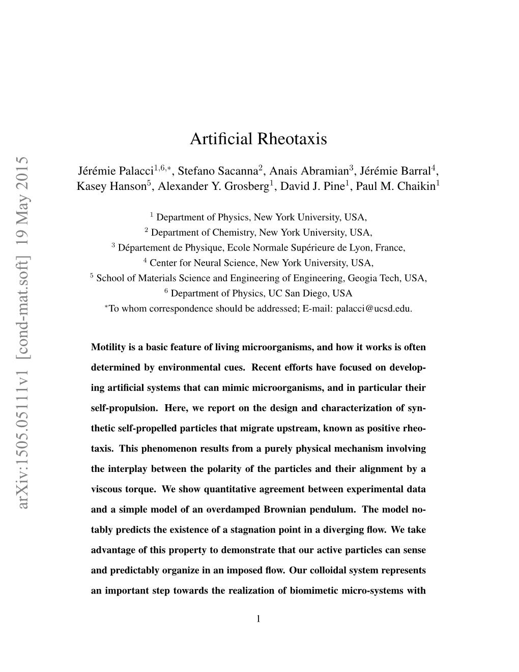 Artificial Rheotaxis Arxiv:1505.05111V1 [Cond-Mat.Soft]