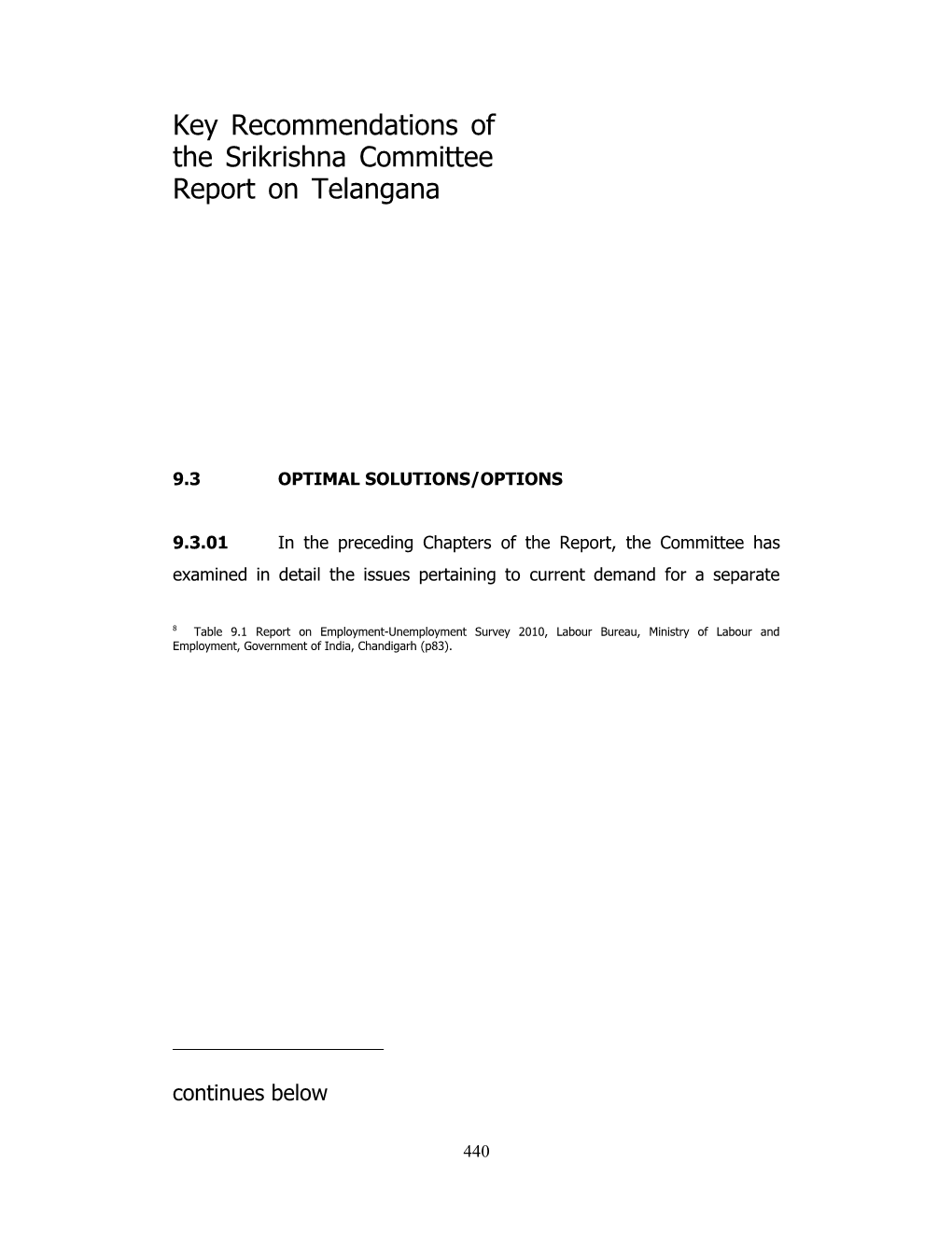 Key Recommendations of the Srikrishna Committee Report on Telangana
