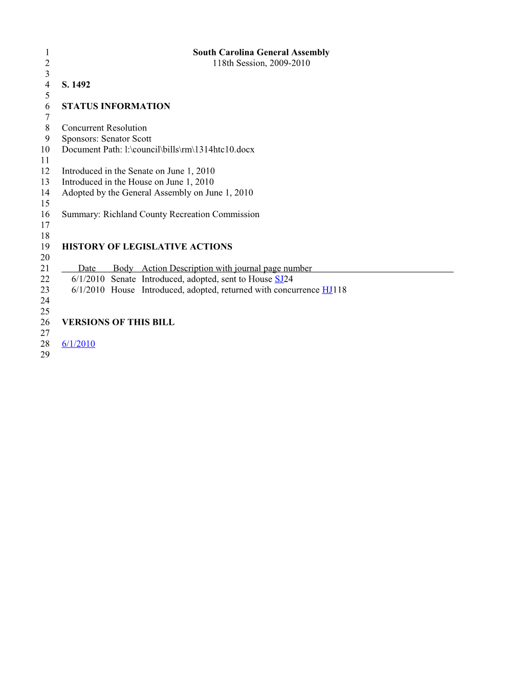 2009-2010 Bill 1492: Richland County Recreation Commission - South Carolina Legislature Online