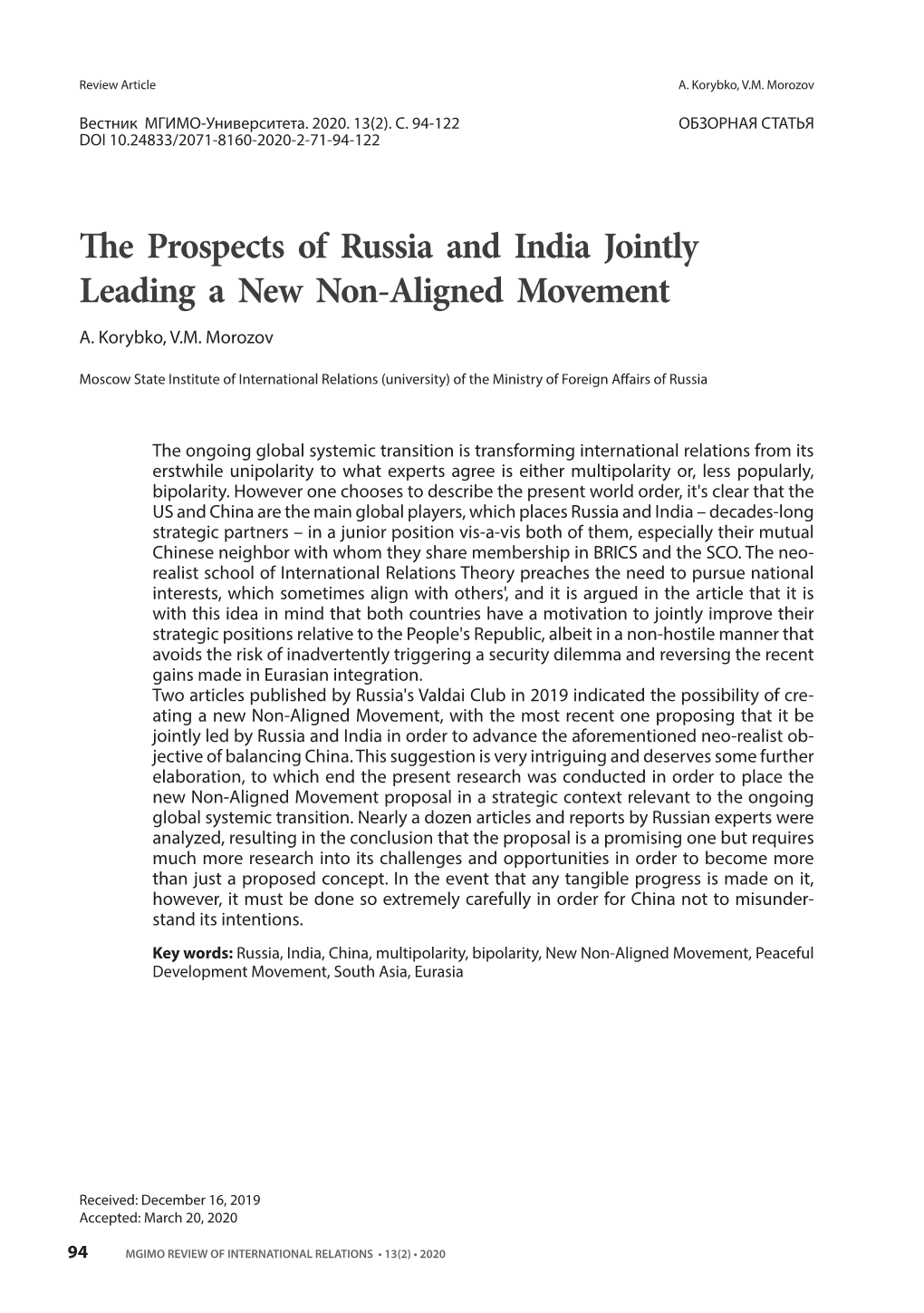 The Prospects of Russia and India Jointly Leading a New Non-Aligned Movement A
