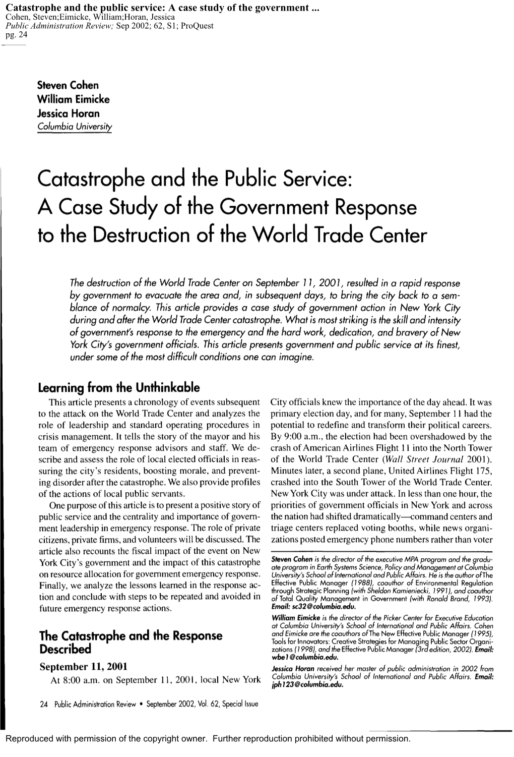 Catastrophe and the Public Service: a Case Study of the Government