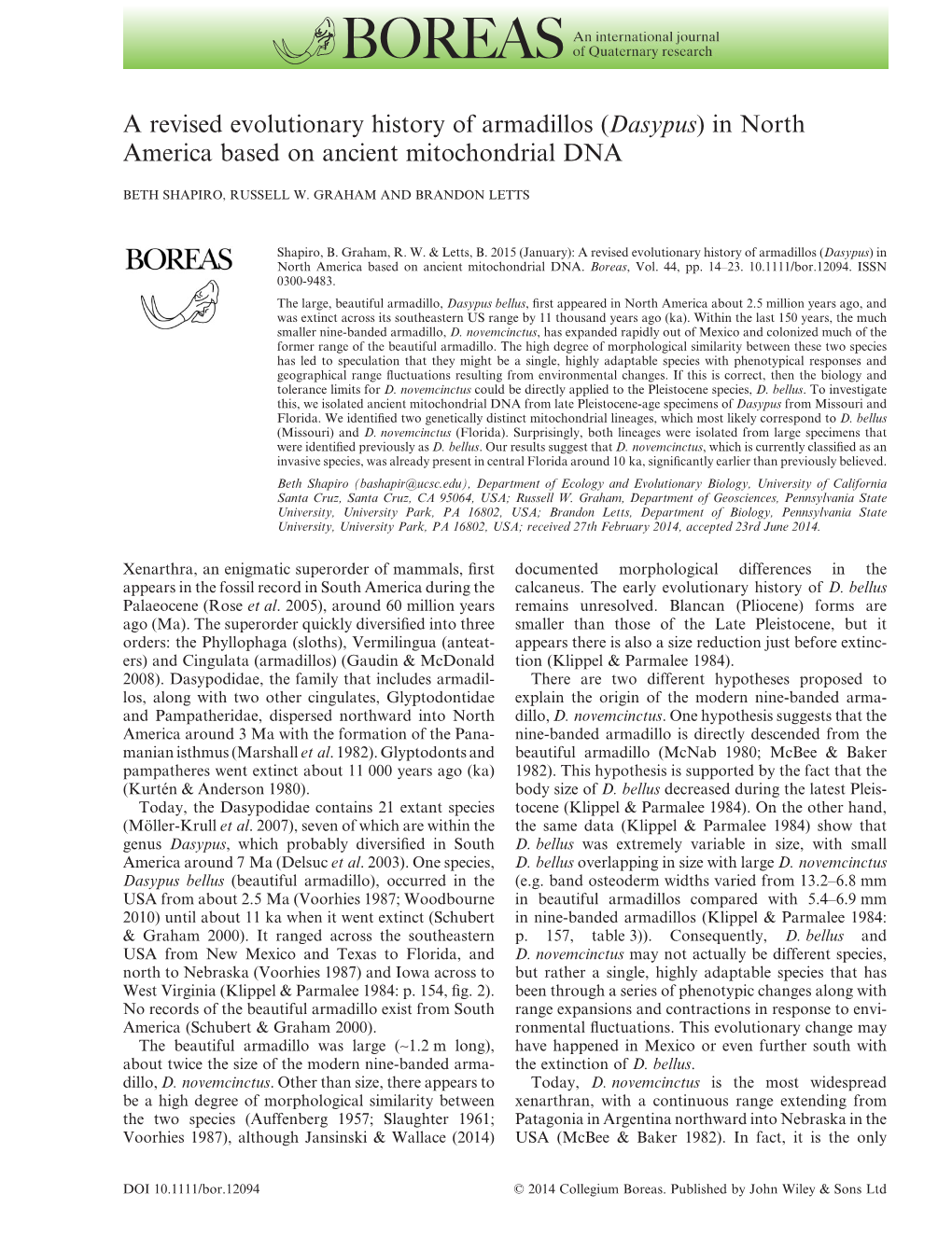 (Dasypus) in North America Based on Ancient Mitochondrial DNA