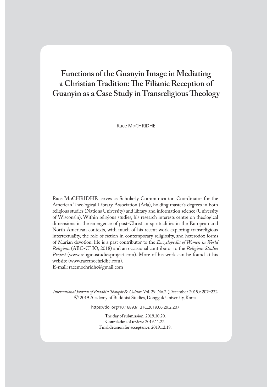 Functions of the Guanyin Image in Mediating a Christian Tradition: the Filianic Reception of Guanyin As a Case Study in Transreligious Theology 207